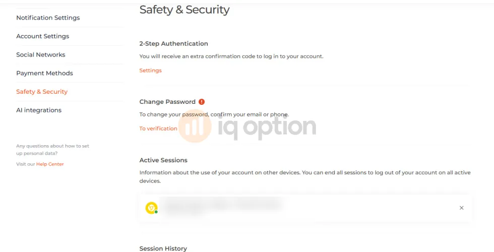 IQ Option Safety and Security settings page showing 2-Step Authentication, Change Password, Active Sessions and Session History.