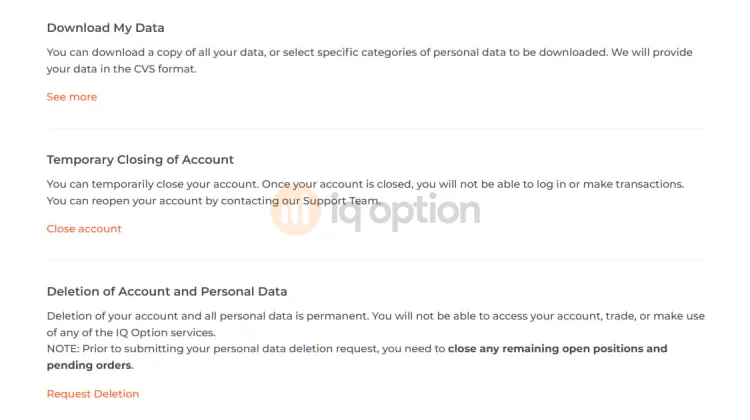 IQ Option account settings showing Download My Data, Temporary Closing of Account and Deletion of Account and Personal Data