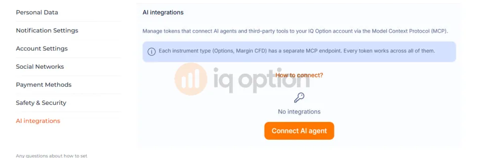 IQ Option account settings, AI integrations page, with a Connect AI agent button and a note that each instrument type has a separate MCP endpoint