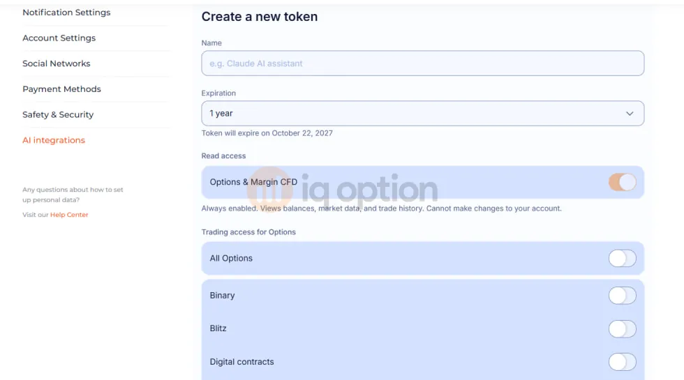 IQ Option Create a new token form with a name field, an expiration choice, read access switched on and trading access switches for All Options, Binary, Blitz and Digital contracts switched off