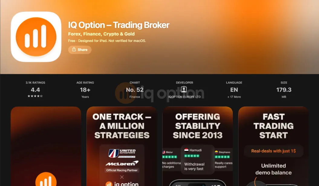 App Store listing for IQ Option Trading Broker, free, 3.1K ratings, 4.4 stars, age 18+, developer IQOPTION EUROPE LTD, size 179.3 MB