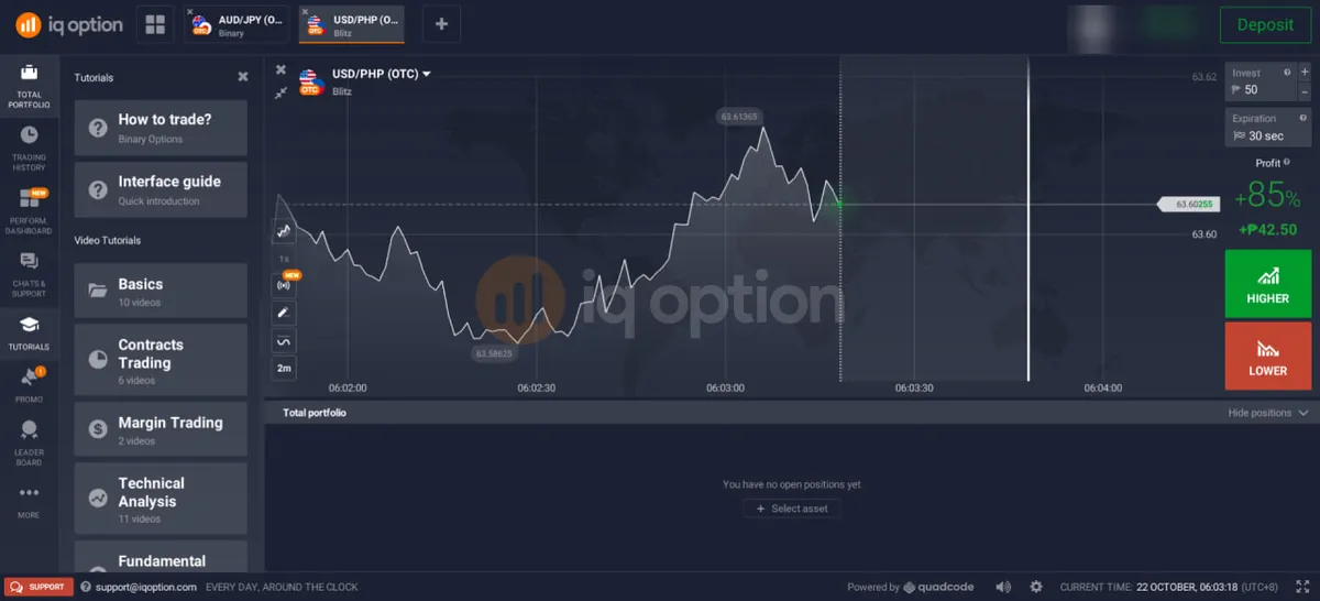 IQ Option trading screen with a USD/PHP OTC Blitz chart, invest amount of 50 pesos, 30 second expiration and a profit of 85 percent, plus 42.50 pesos