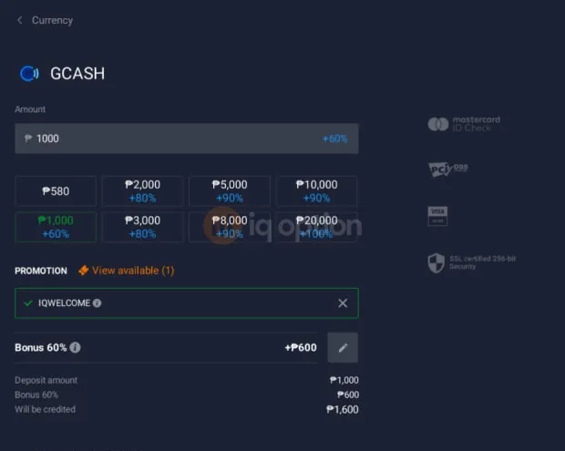 GCash deposit form with IQWELCOME applied to a 1,000 peso deposit, showing a 60% bonus of 600 pesos and 1,600 pesos credited