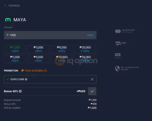 Maya deposit form with 1,000 pesos entered and the IQWELCOME code applied, showing 1,600 pesos credited.