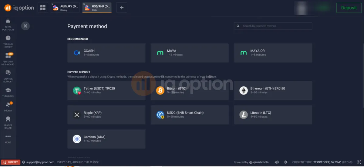 IQ Option deposit screen listing GCash, Maya, QRPH, GrabPay and other payment methods