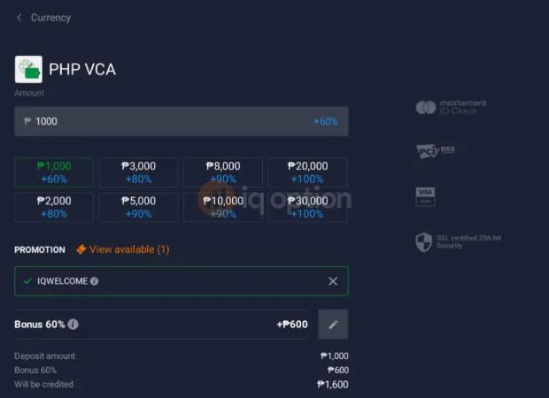 PHP VCA deposit form with 1,000 pesos entered and the IQWELCOME code applied, showing 1,600 pesos credited.