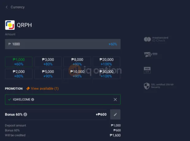 QRPH deposit form with 1,000 pesos entered and the IQWELCOME code applied, showing 1,600 pesos credited.
