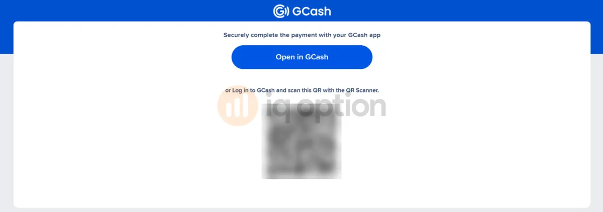 GCash payment page with an Open in GCash button and a blurred QR code to scan with the GCash app.