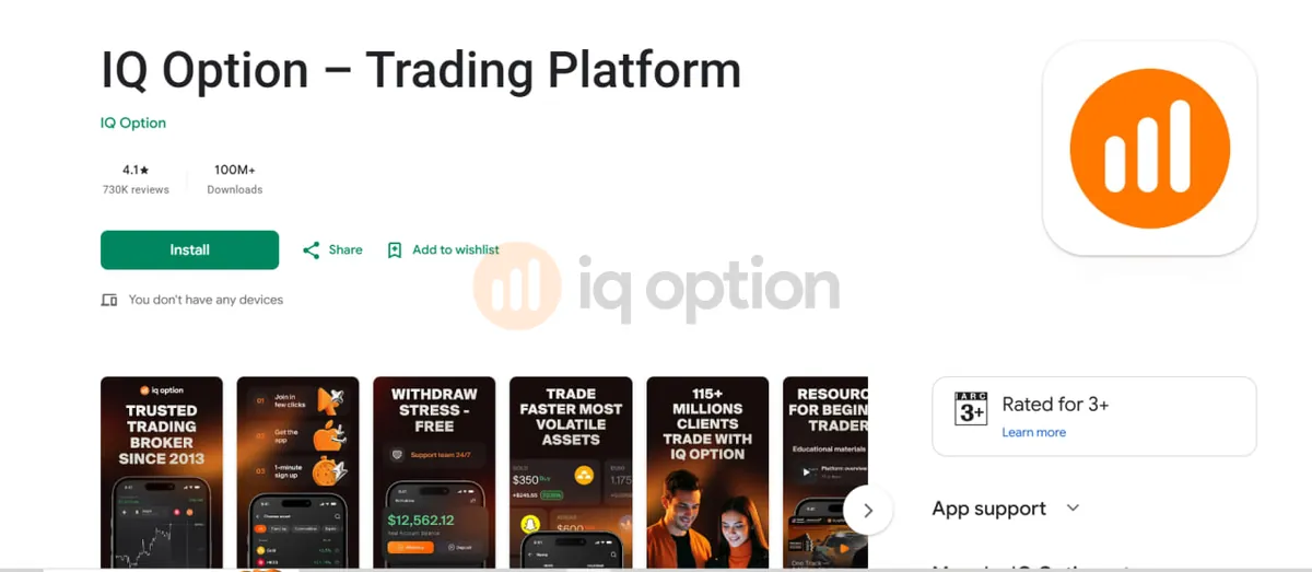 Google Play listing for IQ Option Trading Platform by IQ Option, 4.1 stars, 730K reviews, 100M+ downloads, rated 3+