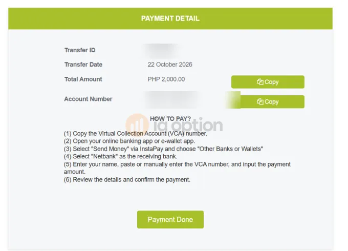 Help2Pay payment detail page with a transfer date, total amount, copy buttons and the six How to Pay steps for InstaPay and Netbank. Transfer ID and account number are blurred.