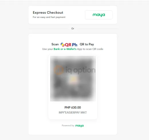 Maya checkout page with an Express Checkout button and a blurred QR Ph code to scan with a bank or e-wallet app.
