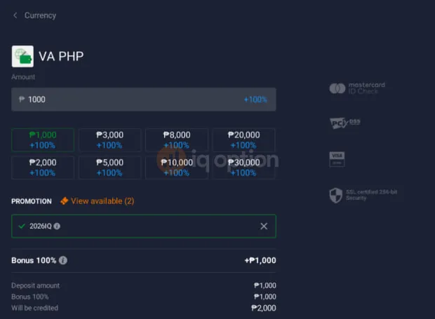 VA PHP deposit form with 2026IQ applied to a 1,000 peso deposit, showing a 100% bonus of 1,000 pesos and 2,000 pesos credited