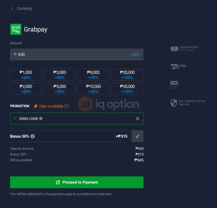 Deposit form with IQWELCOME applied to a 630 peso deposit, showing a 50% bonus of 315 pesos and 945 pesos credited
