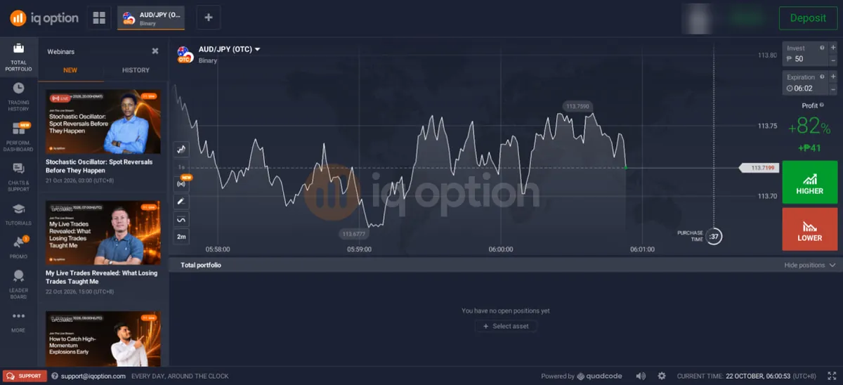 IQ Option trading screen with the Webinars panel open on the left, showing upcoming and live webinars with dates and times in UTC+8