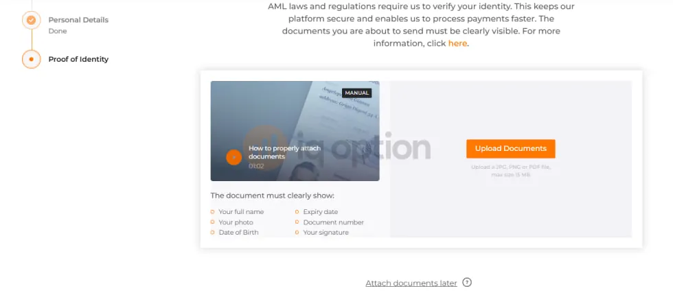 IQ Option Proof of Identity step. It lists the six things the document must show and has an Upload Documents button and an Attach documents later link.